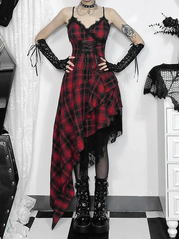 Sonicelife Women's Gothic Design Dress 2024 Sweetheart Corset Spice Halter Dark Irregular Patchwork Hem Plaid Long Dress