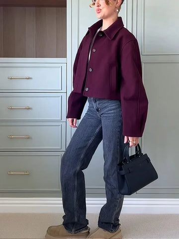 Sonicelife Elegant Solid Color Single Breasted Women's Cropped Coat Chic Lapel Long Sleeves Short Jacket Autumn Female Commuting Outwears