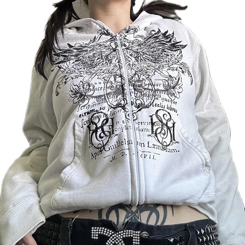 Back To School Sonicelife Gothic Harajuku Mall Goth Hoodies 2000s Y2K Cyber Grunge Emo Zip Up Sweatshirts Vintage Graphics Print Coat Streetwear