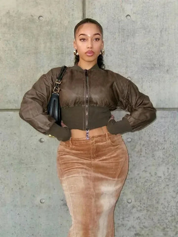 Sonicelife-Brown Jackets Women Autumn Winter Stand Collar Zip-up Cropped Tops Short Jackets Streetwear 2024 Casual PU Leather Outerwears