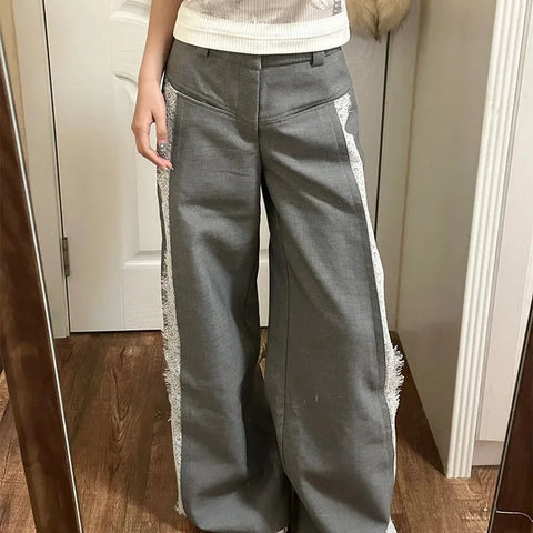 Sonicelife American Retro Sweet Gray Pants for Women 2024 Autumn New Lace Patchwork Trousers Y2k High Waist Loose Wide Leg