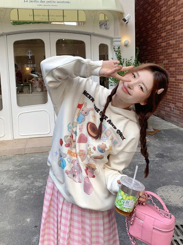 Black Friday Sonicelife Kawaii Animals Print Hoodies Women Cutecore Long Sleeve Hooded Sweatshirt Korean Fashion Beige Oversized Clothing Chic