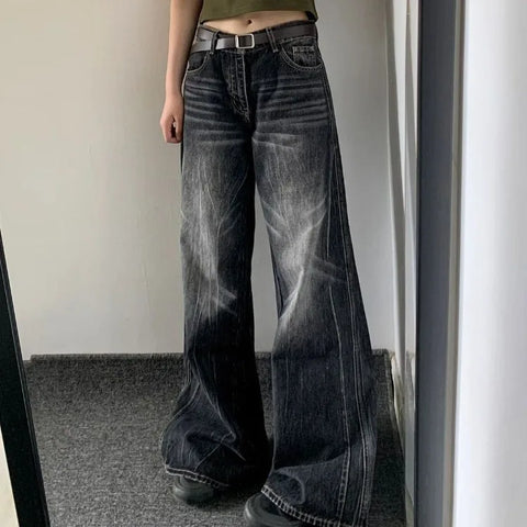 Sonicelife American Vintage Straight Jeans for Women 2024 Sumemr New Denim Cargo Pants  Y2k E-Girl High Waist Loose Wide Leg