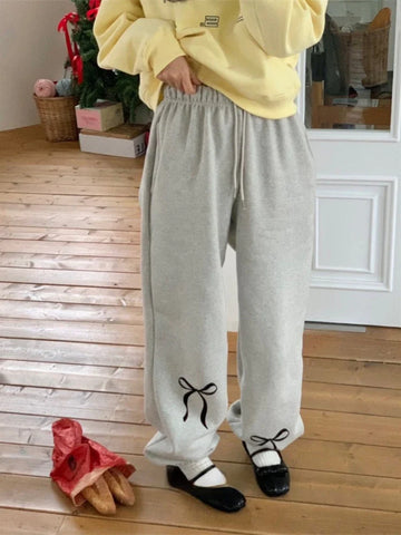 Sonicelife Korean All-match Bow Print Trousers Women Spring Autumn New Thicked Warm Sweatpants Y2k E-Girl Elastic Waist Jogger Pants