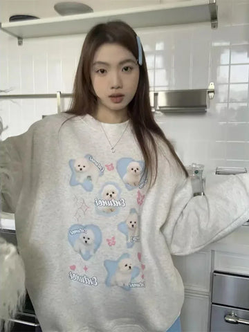 Black Friday Sonicelife Kawaii Dog Print Oversized Hoodie Women Cartoon Long Sleeve Sweatshirt Japan Style Harajuku Loose Gray Cutecore Clothes