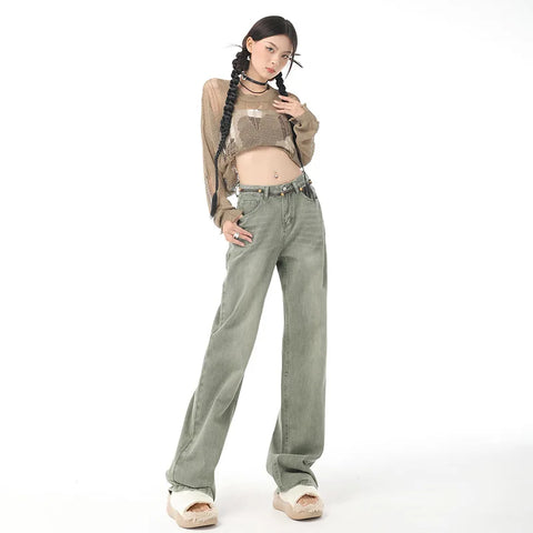 Sonicelife Vintage Denim Straight Buttoned High Waist Streetwear Jeans Slight Blue Jeans Long Pants Y2k Work Summer Blue Jeans Capris