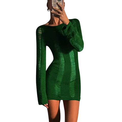 Sonicelife hoco dresses-Women Cutout Y2K Vintage Ripped Long Sleeve Round Neck Solid Color Hollow Out Casual Party Short Wrapped Dress