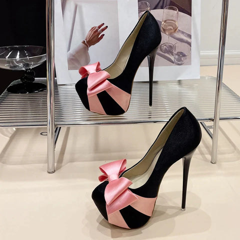 Sonicelife- Fashion Design Bowknot Round Toe Platform Pumps Women Wedding Banquet Shoes Sexy Stripper Pole Dance High Heels Black Pink