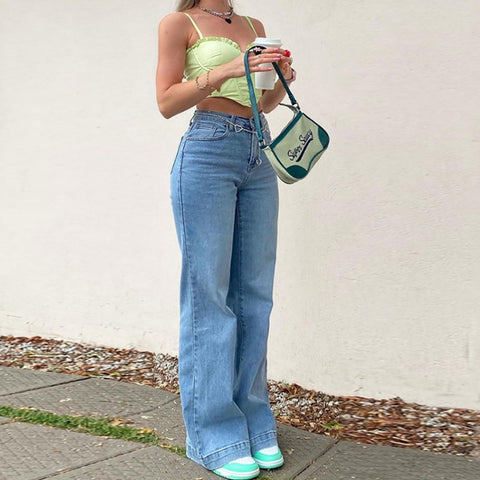 Sonicelife Blue Jeans Women's Summer Mid-waist Fashion Casual Old Denim Flared Pants 2024 New Loose Street Retro Ladies Trousers