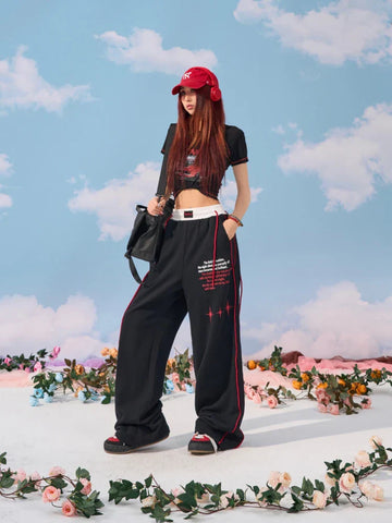 Sonicelife Women Wide Leg High Waist Pants Hip Hop Baggy Goth Hippie Side Stripe Casual Sweatpants Y2K Kpop Jogging Sports Trousers