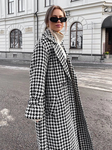 Sonicelife Aynaray 2024 Autumn Winter Women Houndstooth Plaid Woolen Coat Loose Lapel Long Sleeve Classic Warm Overcoat