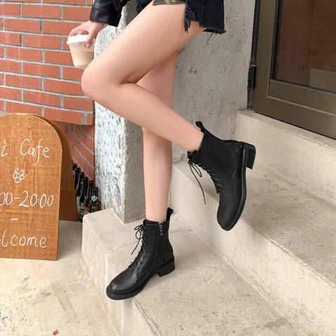 Sonicelife NEW Fall Shoes Women Split Leather Boots Round Toe Chunky Heel Women Boots Winter Solid Lace-up Ankle Boots Western Boots Women