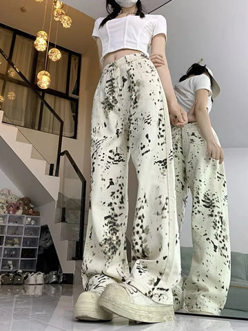 Sonicelife American Retro Leopard Print Jeans for Women Y2k E-Girl High Waist Straight Trousers 2024 Summer New Loose Wide Leg Pants