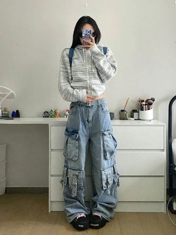 Sonicelife American Street Workwear Multi-Pocket Heavy Lndustry Design Jeans Female Y2K Gothic Fashion Punk Style Loose Floor Wide-leg Pant