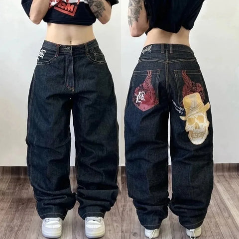 Sonicelife Y2K Baggy Jeans Streetwear Womens Hip Hop Skull Graphic Jeans Black Pants New Harajuku Gothic High Waisted Wide Leg Trousers