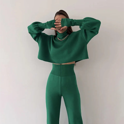 Sonicelife High Neckline Crop Top with Trousers Set