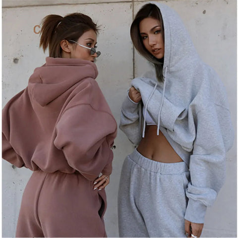 Sonicelife Women Sports Two Piece Sets Hoodie Trousers Solid Color Hooded Pants Outfits Sweatshirt Suit 2024 Autumn Winter Tracksuit