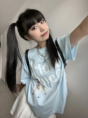 Back To School Sonicelife Blue Dog Graphic T Shirts Women Short Sleeve O-neck Letter Tees Cartoon Print Tops Japan Style Cutecore Kawaii Clothes