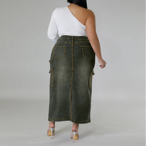 Sonicelife Denim Skirts Solid Zipper Fly Pencil Dress Washed Distressed Sexy Wrap Buttocks Ankle Length Skirt Spliced Basics Slim Fit