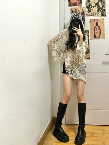 Black Friday Sonicelife Y2k Hollow Out Knit Hoodies Women Spider Web Hole Crochet Top Punk Grunge E-Girl Pullover Streetwear Goth Mesh Clothes