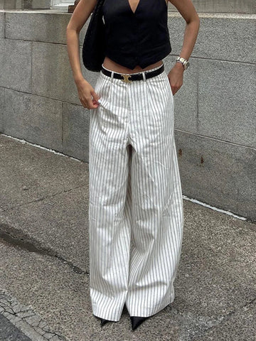 Sonicelife Spring Summer 2024 Women Striped Office Trousers High Waist Loose Wide Leg Flare Pants For Women