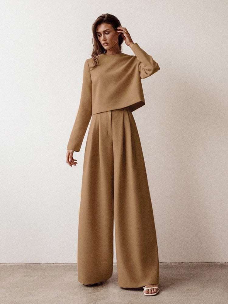 Sonicelife Classic Loose Cut Floor-Length Pants Long Sleeve Top Set