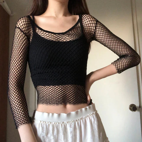 Sonicelife Harajuku Hollow Out See Through Crop Top Gothic Fishnet Mesh T-Shirts Grunge Mall Goth Women Summer Beach Cover-ups