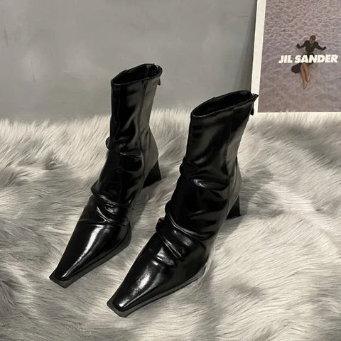 Sonicelife 2024 Autumn and Winter New Pointed Toe Slim Back Zipper Bootie Women's Block Heel Versatile Folded High Heel Fashion Pile Boots