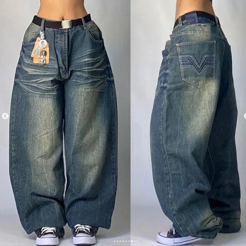 Sonicelife Streetwear New Harajuku Retro Straight High Waist Casual Jeans Y2K Fashion Washed Blue Pocket Baggy Jeans Gothic Wide Pants