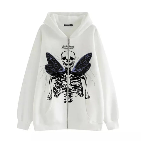 Sonicelife Y2K Aesthetic Zip Up Sweatshirts E-girl Gothic Grunge Emo Skeletons Wings Print Oversized Hoodies Autumn Long Sleeve Coat Top