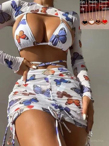Sonicelife-2024 New Four-Pieces Printed With Skirt Bikini Women Sexy Swimwear Female Swimsuit Bather Bathing Suit Swim Lady Give A Gift