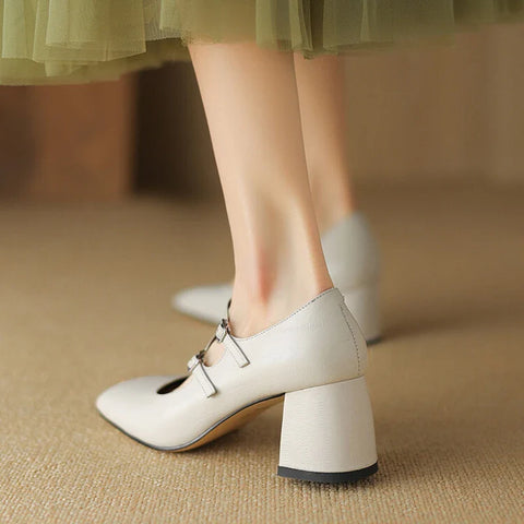 Sonicelife NEW Spring/Autumn Women Pumps Genuine Leather Shoes for Women Square Toe Chunky Heel Shoes Classics Mary Janes Handmade Shoes