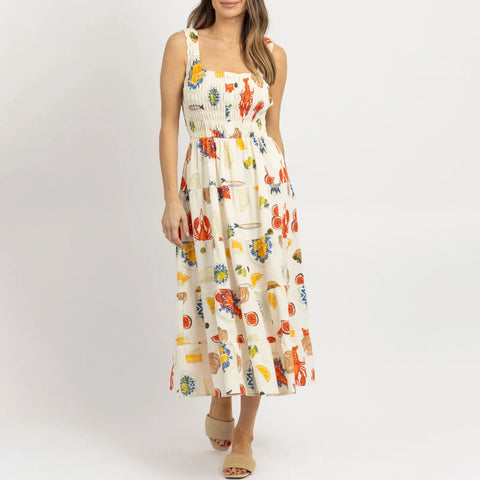 Sonicelife Women Summer Kawaii Fruit Print Maxi Dress Spaghetti Strap Sleeveless Backless Floral Midi Dress Female Vestidos 2024