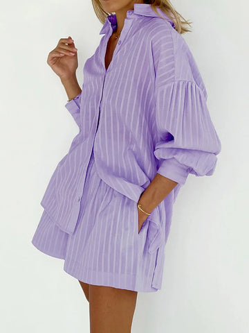 Sonicelife 2024 Women Spring Summer Striped Purple Shorts Sets Outfits Blouse Suit Loose Fit 2 Two Piece Set For Women