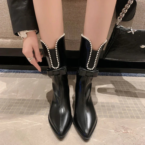 Sonicelife NEW Autumn Women Boots Split Leather Shoes for Women Pointed Toe Chunky Heel Shoes Bow-knot Zipper Mid-calf Boots Western Boots