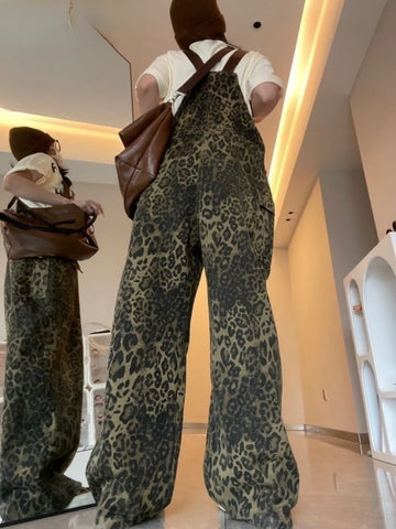 Sonicelife Jumpsuits Retro Leopard Denim Camisole Pants for Women Y2k High Waist Loose Wide Leg  2024 New Straight Trousers