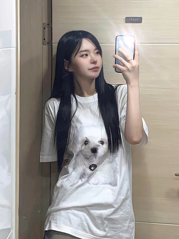 Back To School Sonicelife Kawaii Dog Print T-shirts Women Funny Graphic White Tees Short Sleeve Top Korean Fashion Casual Aesthetic Cotton Clothes