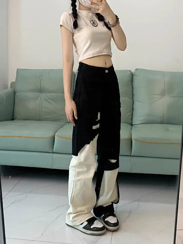 Sonicelife Trend Street Black White Denim Pants Women Y2k E-Girl High Waist Irregular Trousers Summer Loose Straight Wide Leg  Jeans