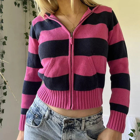 Sonicelife 90s Vintage Y2K Aesthetic Striped Cropped Sweater Autumn Zip Up Knitted Cardigans Hooded Women Long Sleeve Slim Fit Coats