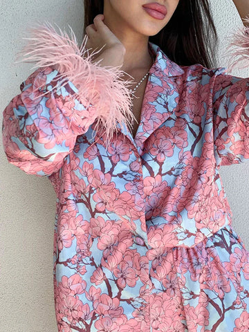 Sonicelife 2024 Women Homewear Sleepwear Pajamas Sets Floral Printed Spliced Feathers Long Sleeve Sleep Tops Shorts Sets