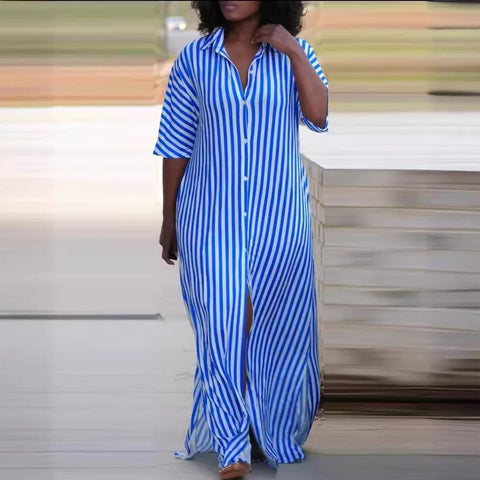 Sonicelife Striped Blouses Dresses Single Breasted Turn Down Collar Women Ankle Length Dress Button High Street Loose Fit Summer 2024