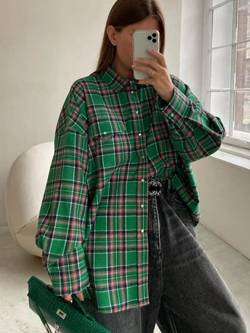 Sonicelife Sonicelife Autumn Winter Women Oversized Thick Plaid Shirt Vintage Long Sleeve Green Blue Loose Fit Blouse Woman Female