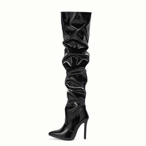 Sonicelife Women Over The Knee Boots High Heels Patent Leather Solid Pointed Toe Stiletto Side Zipper Sapatos Femininos