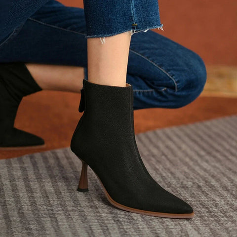 Sonicelife NEW Fall Shoes Women Pointed Toe High Heel Shoes Genuine Leather Shoes Thin Heel Ankle Boots for Women Sexy Zipper Modern Boots