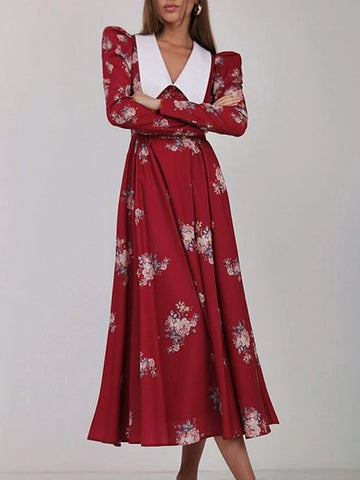Sonicelife Aynaray 2024 Winter Spring Women Chic France Midi Dress Floral Printed Long Sleeve V-neck A-Line Flare Long Dress Female