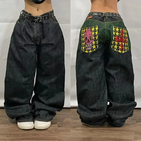 Sonicelife American New Heavy Blue Washed Baggy Jeans Y2K Street Vintage Harajuku Fashion Gothic High Waist Casual Wide-leg Pants Trousers