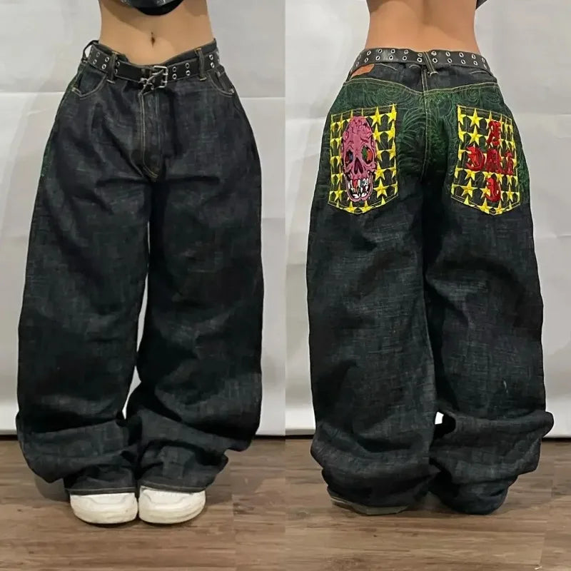 Sonicelife American New Heavy Blue Washed Baggy Jeans Y2K Street Vintage Harajuku Fashion Gothic High Waist Casual Wide-leg Pants Trousers