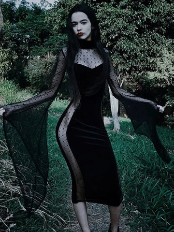 Sonicelife Women's Gothic Short 2024 Dark Design Flared Sleeve Polka Dot Mesh Patchwork Witch Sleeve Dress Women