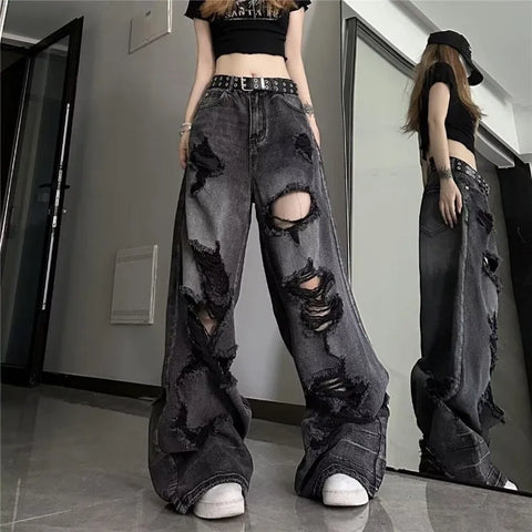 Sonicelife Vintage High Waist Denim Pants Ripped Jeans Women Fashion Loose Wide Leg Straight  Y2k Washed Streetwear Female