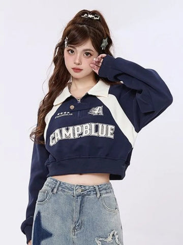 Black Friday Sonicelife Contrast Patchwork Hoodies Women Oversized Letter Print Sport Long Sleeve Sweatshirts Korean Style Polo Collar Girl Tops